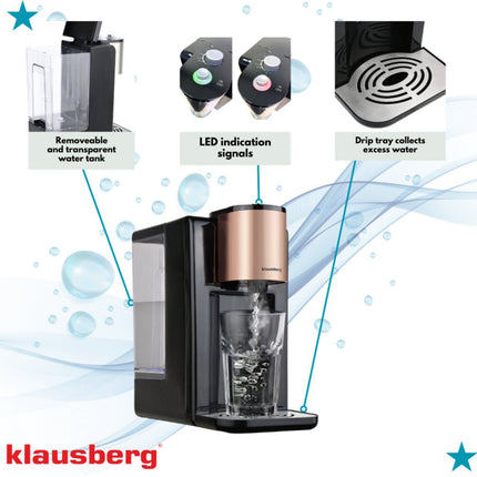 Klausberg KB7879 Hot Water Dispenser – 2,2 Liter – Temperatuurregeling (45-100°C) – Zwart & Rose Gold – 2600W - Heetwaterdispenser