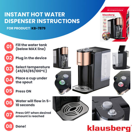 Klausberg KB7879 Hot Water Dispenser – 2,2 Liter – Temperatuurregeling (45-100°C) – Zwart & Rose Gold – 2600W - Heetwaterdispenser