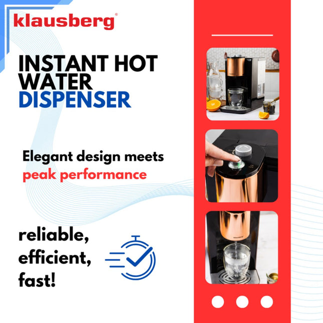 Klausberg KB7879 Hot Water Dispenser – 2,2 Liter – Temperatuurregeling (45-100°C) – Zwart & Rose Gold – 2600W - Heetwaterdispenser