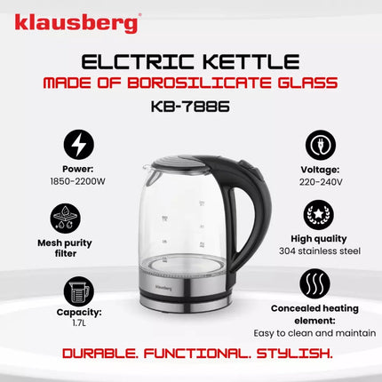 Klausberg KB7886 Wasserkocher – 1,7L, 1800W, Borosilikatglas & Edelstahl 304, LED-Beleuchtung, 360° drehbare Basis