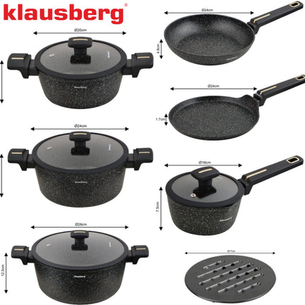 Klausberg Pfannenset 12-teilig - Schwarze Marmor-Antihaftbeschichtung - Induktionsgeeignet - Inklusive Pfannen und Deckel - KB-7966 - Kochgeschirrset - Kochset -