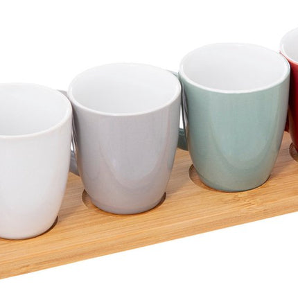 Espresso/koffie kopjes set - 6x - met bamboe plankje - aardewerk kopjes - 90ml - diverse kleuren