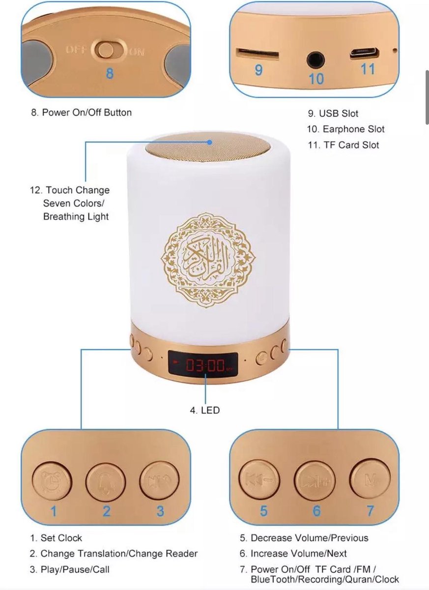 Quran speaker met LED touch lamp – draadloze Koran speaker, wit en goud – foto 2