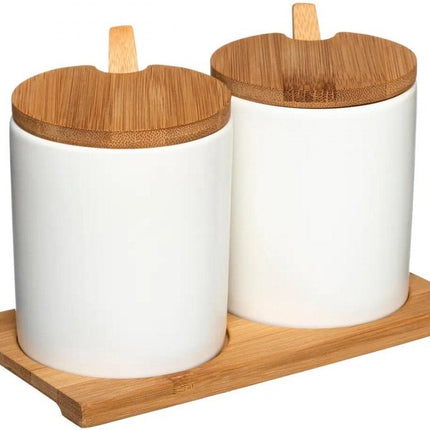 Zuckertöpfe - Gewürztöpfe mit Löffel - mit Bambusdeckel und -untergestell