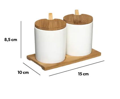 Zuckertöpfe - Gewürztöpfe mit Löffel - mit Bambusdeckel und -untergestell