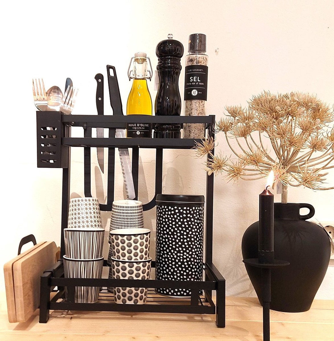 Étagère de cuisine en métal noir à 2 niveaux