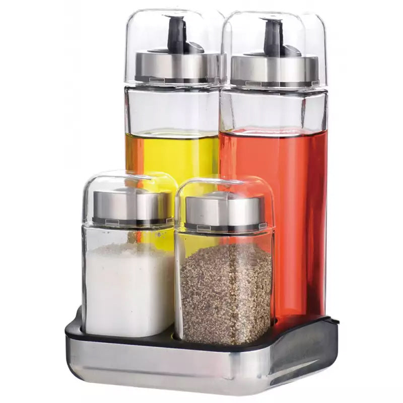 Service à condiments 5 pièces pour sel, poivre, huile et vinaigre avec support.