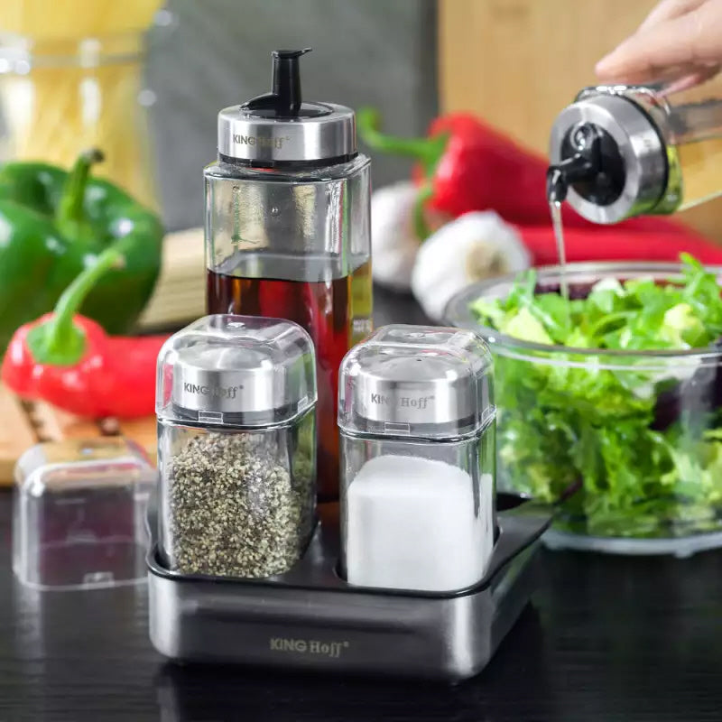 Service à condiments 5 pièces pour sel, poivre, huile et vinaigre avec support.