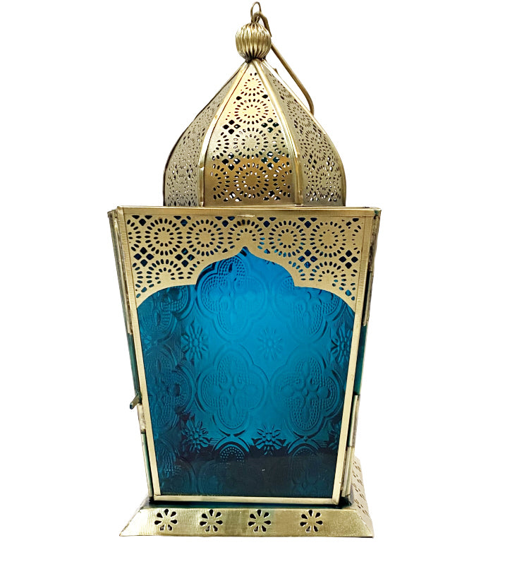 Moroccan gold-colored lantern-blue glass