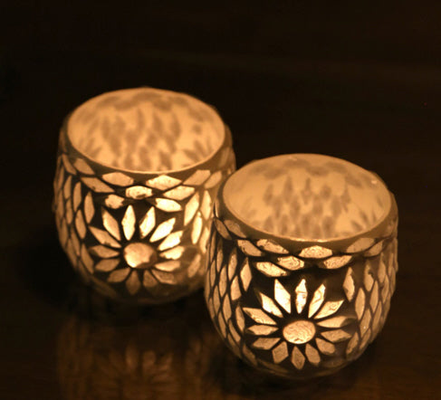 Set of 2 Oriental mosaic tea light holders - transparent sphere