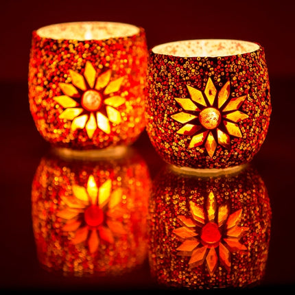 Mediteraanse waxinehouder mozaïek Ø 8 cm Rood - Set van 2 stk - Oranje