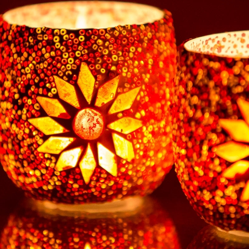 Bougeoir mosaïque méditerranéen Ø 8 cm Rouge - Lot de 2 pièces - Orange