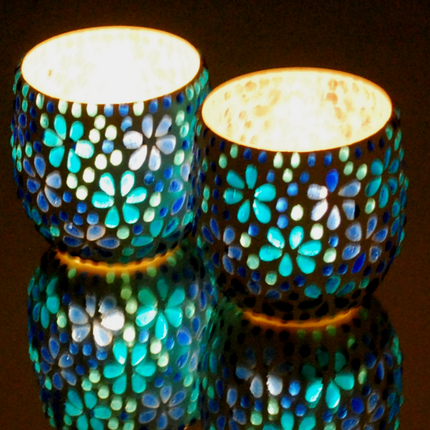 2er-Set mediterrane Teelichthalter meerblau Ø 10 cm