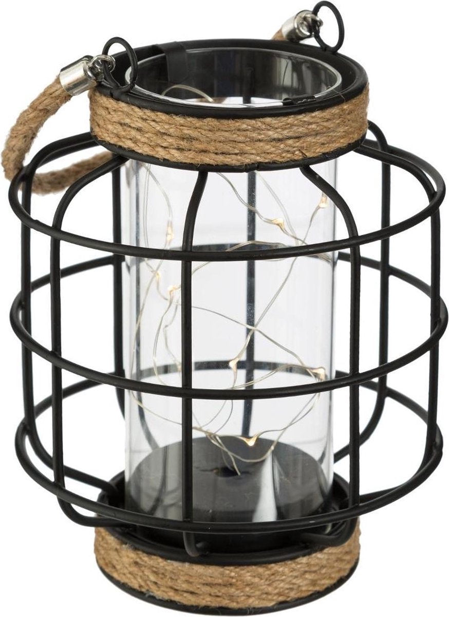 Lanterne noir acier avec corde Led hauteur 17.5CM
