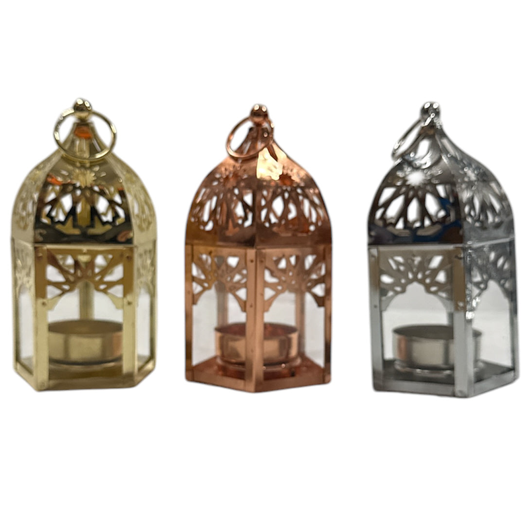 Oosterse mini metalen lantaarn – kaarsenhouder 13 cm, zilver, goud of koper – foto 10