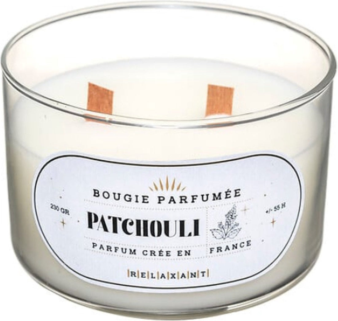 Coffret Cadeau de 3 Bougies Parfumées de Luxe – Patchouli, Ambre et Jasmin – Mèche en Bois Crépitante
