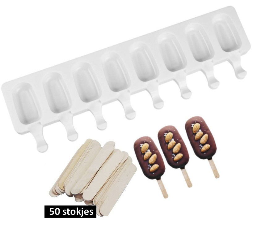 Magnum pops 8 | Moule à chocolat | Moule à pâtisserie en silicone | Machine à glaces à l'eau | 50 Bâtonnets inclus