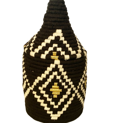 Schwarz-weißer Rattan-Korb mit Deckel