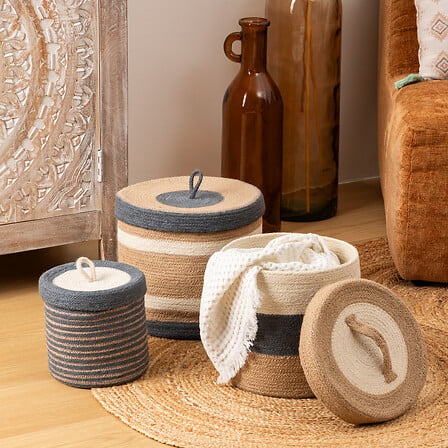 Set van 3 Ronde Manden met Jute Deksel – Drie Delige Opbergset in L, M & S Maat (Ø 27 cm) – Natuurlijke Jute & Milieuvriendelijk