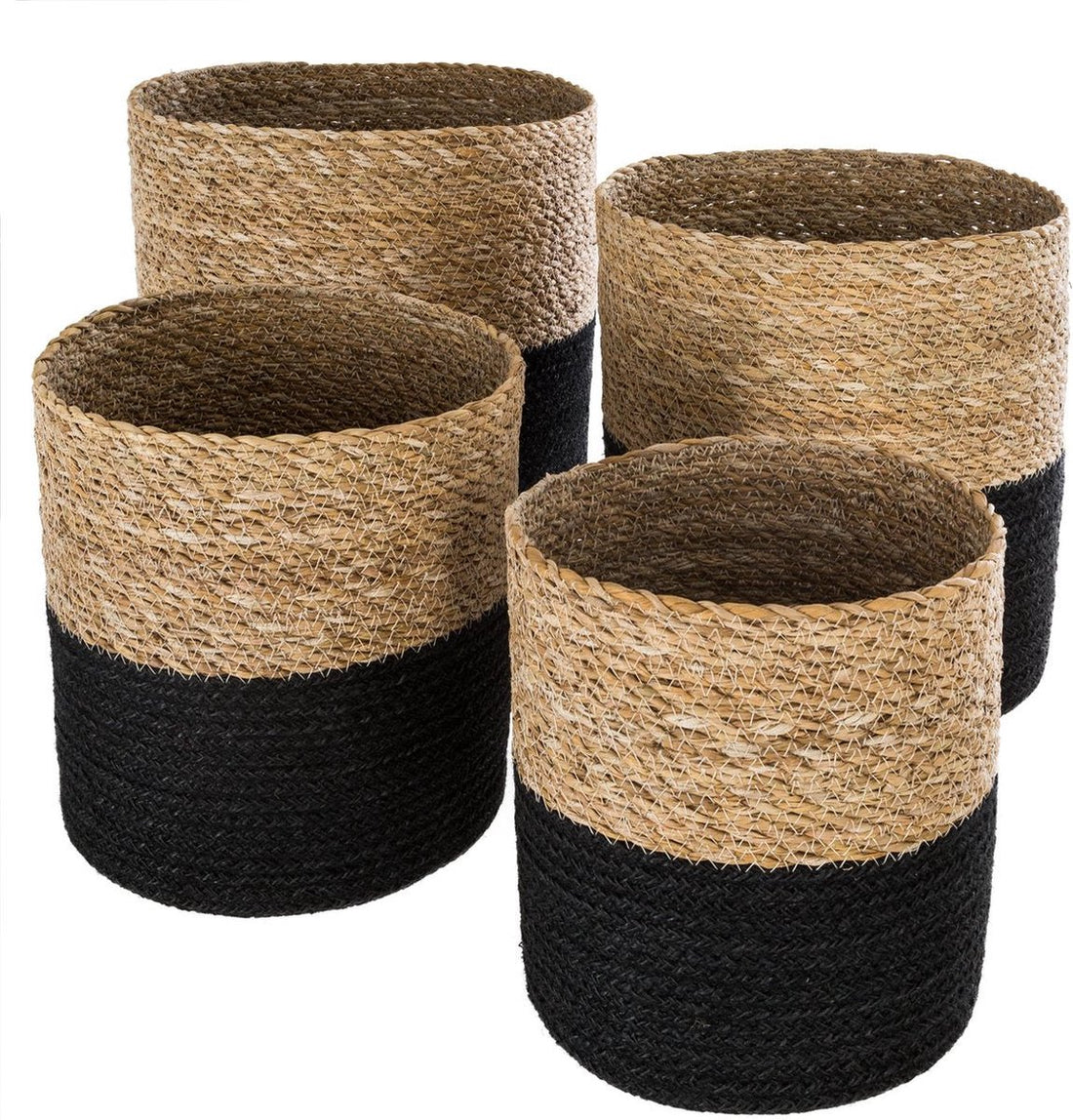 Opbergmanden set van 4 – zwart/naturel, handgevlochten, ook als bloempot