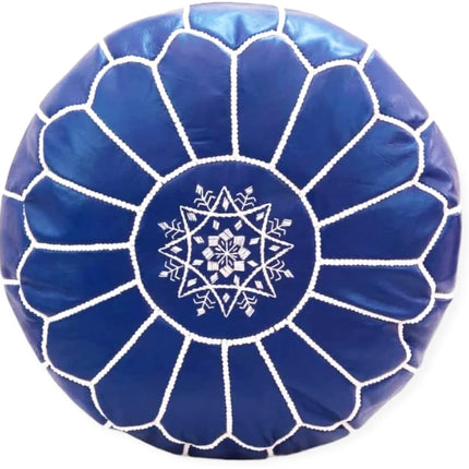 Marokkaanse Poef Marineblauw – Handgemaakt van Echt Leder – Ø35 cm – Zitkussen & Decoratie