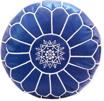 Pouf marocain en cuir – Fait main à Fès – Ø45 x H30 cm – Bleu marine