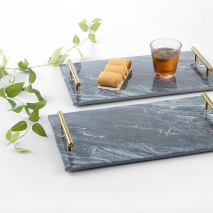 Marmortablett mit goldenen Griffen 40x24cm schwarz/weiß