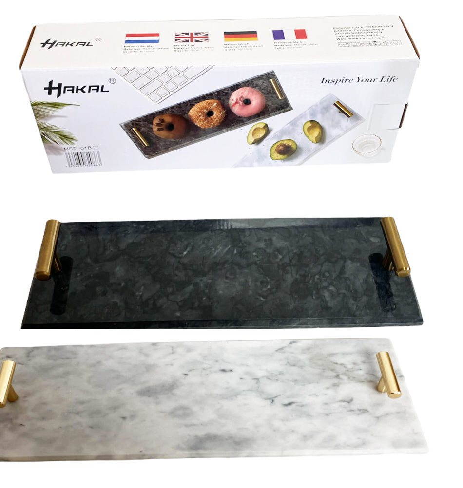 Marmeren dienblad met goudkleurige handvatten – 40 x 14 cm, zwart of wit – foto 2