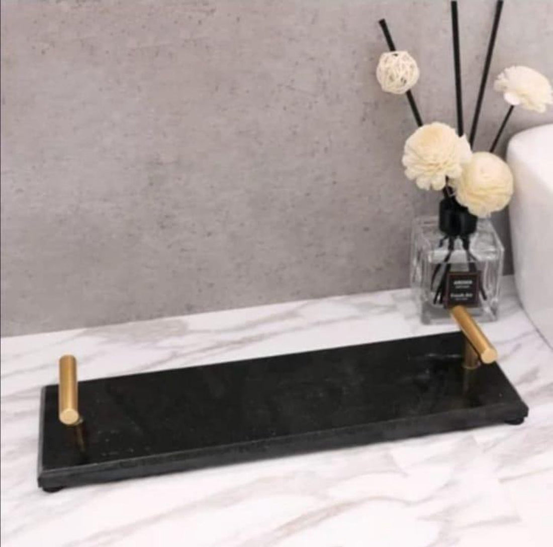 Marble Tray with gold handles 30*10 cm black / white