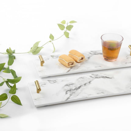 Marmeren Plateau met gouden hendels 30*10 cm zwart / wit