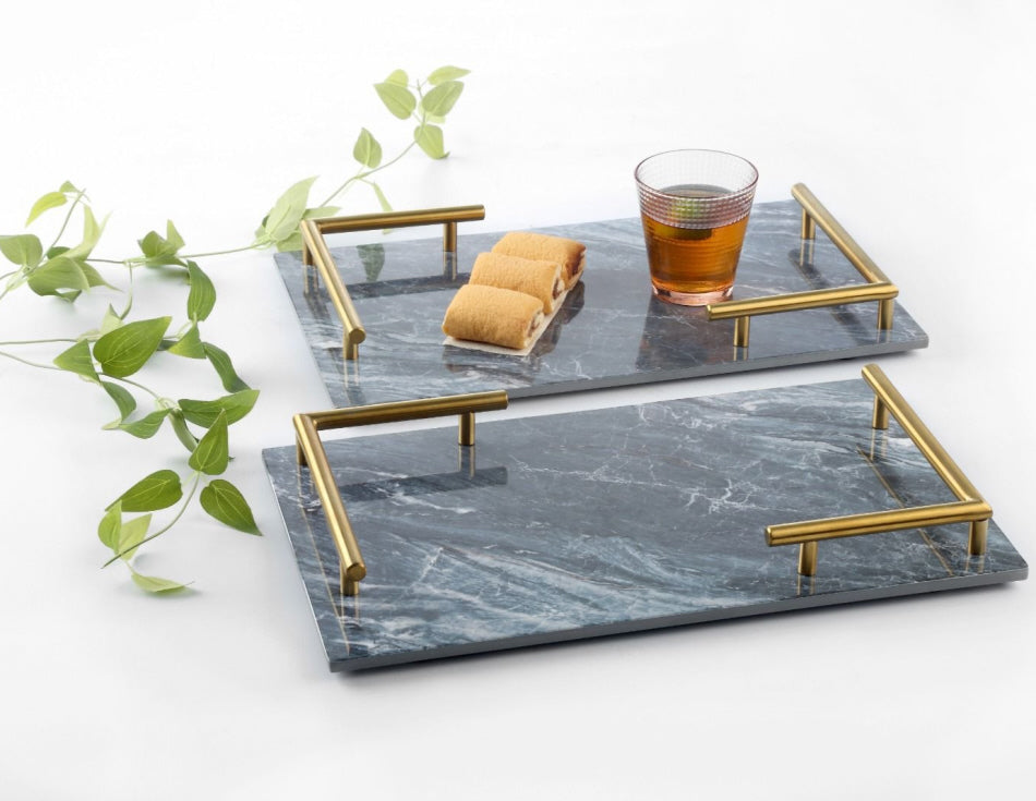 Marble tray double handle 40x25cm black / white
