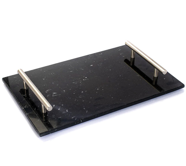 Marmor-Serviertablett schwarz mit silbernen Griffen 30 x 20 cm