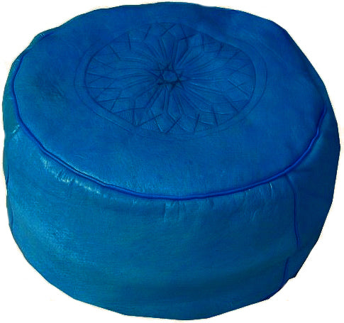 Marokkaanse leren poef blauw – handgemaakt in Fes, Ø 40 cm