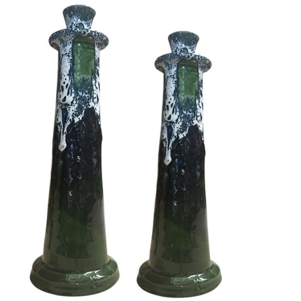 Marokkanischer Kerzenleuchter Schwarz/Weiß/Grün – Handgefertigte Keramik mit Tropfglasur (28/32 cm)