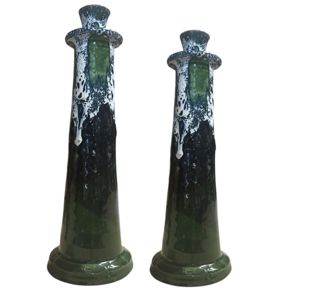 Marokkanischer Kerzenleuchter Schwarz/Weiß/Grün – Handgefertigte Keramik mit Tropfglasur (28/32 cm)