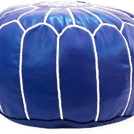 Marokkaanse Poef Marineblauw – Handgemaakt van Echt Leder – Ø35 cm – Zitkussen & Decoratie