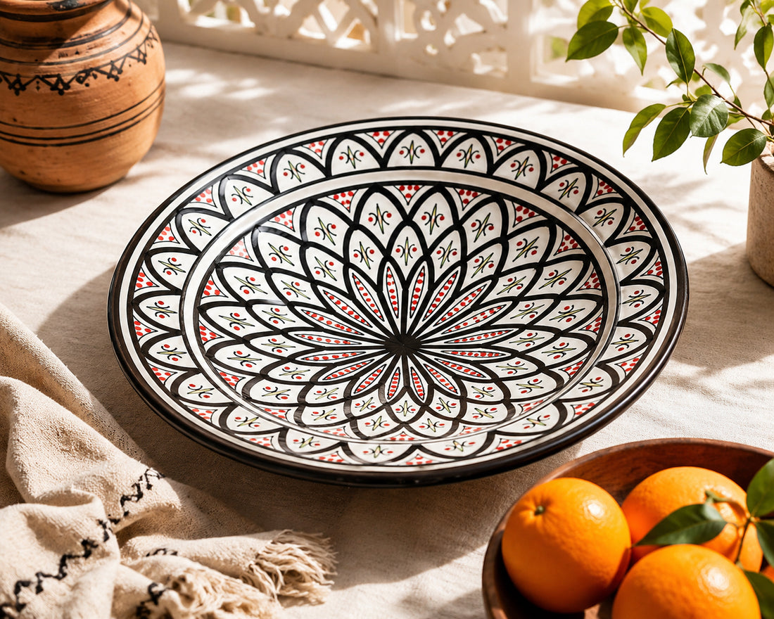 Plat en céramique marocaine Ø 35 cm – Fait main & peint à la main Noir / Rouge