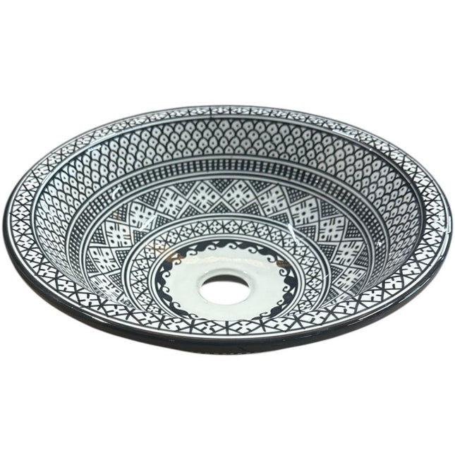 Marokkanisches Waschbecken 35cm – Handgefertigtes Steingut – Schwarz-Weiß Design – Einzigartiges Keramikwaschbecken