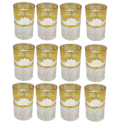Marokkanische Teegläser Gold – Set von 12 Stück | Traditionelles Design mit Motiv | 160ml