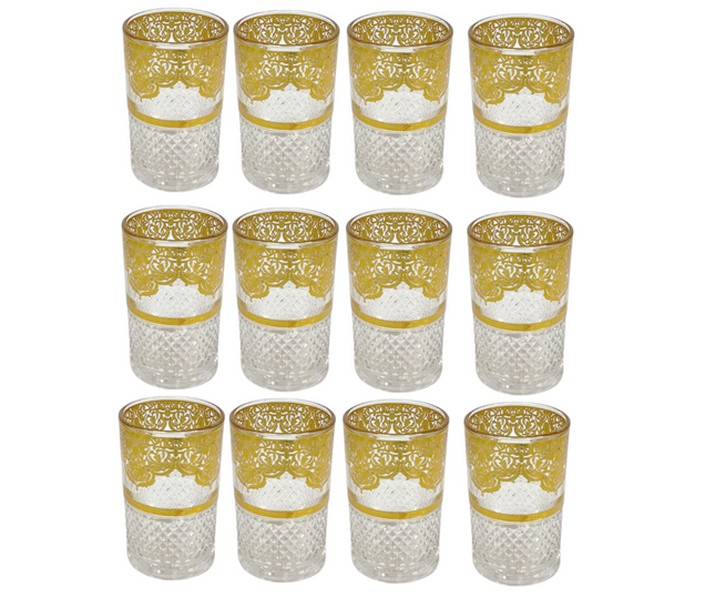 Marokkanische Teegläser Gold – Set von 12 Stück | Traditionelles Design mit Motiv | 160ml