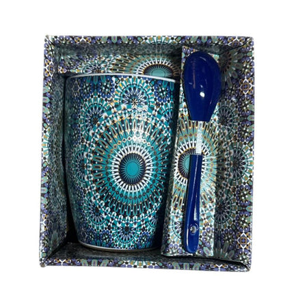 Marokkanische Tasse mit Zellige Mandala & Löffel – Keramik – Blau/Türkis – Dunkelblauer Löffel