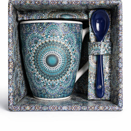 Marokkanische Tasse mit Zellige Mandala & Löffel – Keramik – Blau/Türkis – Dunkelblauer Löffel