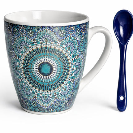 Marokkanische Tasse mit Zellige Mandala & Löffel – Keramik – Blau/Türkis – Dunkelblauer Löffel