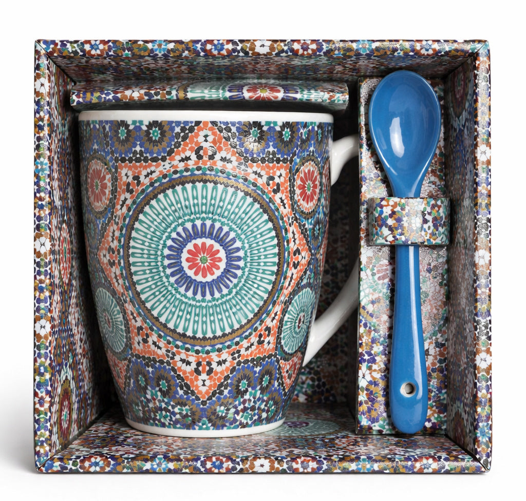 Mug marocain avec mandala Zellij et cuillère – Céramique – Multicolore – Cuillère bleue