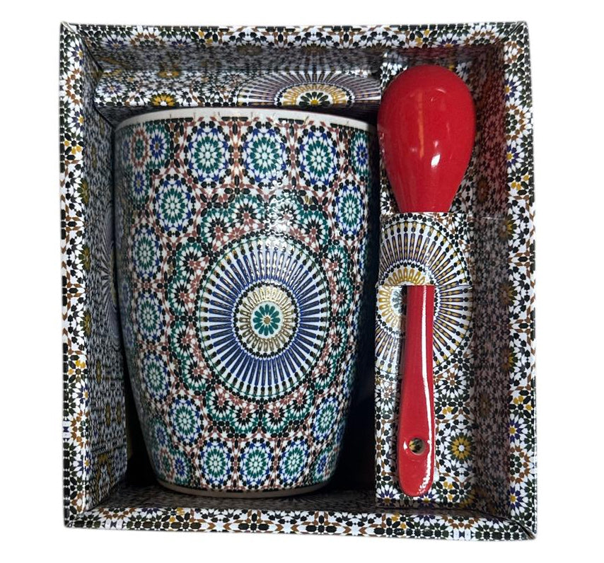 Mug Marocain avec Mosaïque Zellij & Cuillère – Céramique – Bleu/Blanc