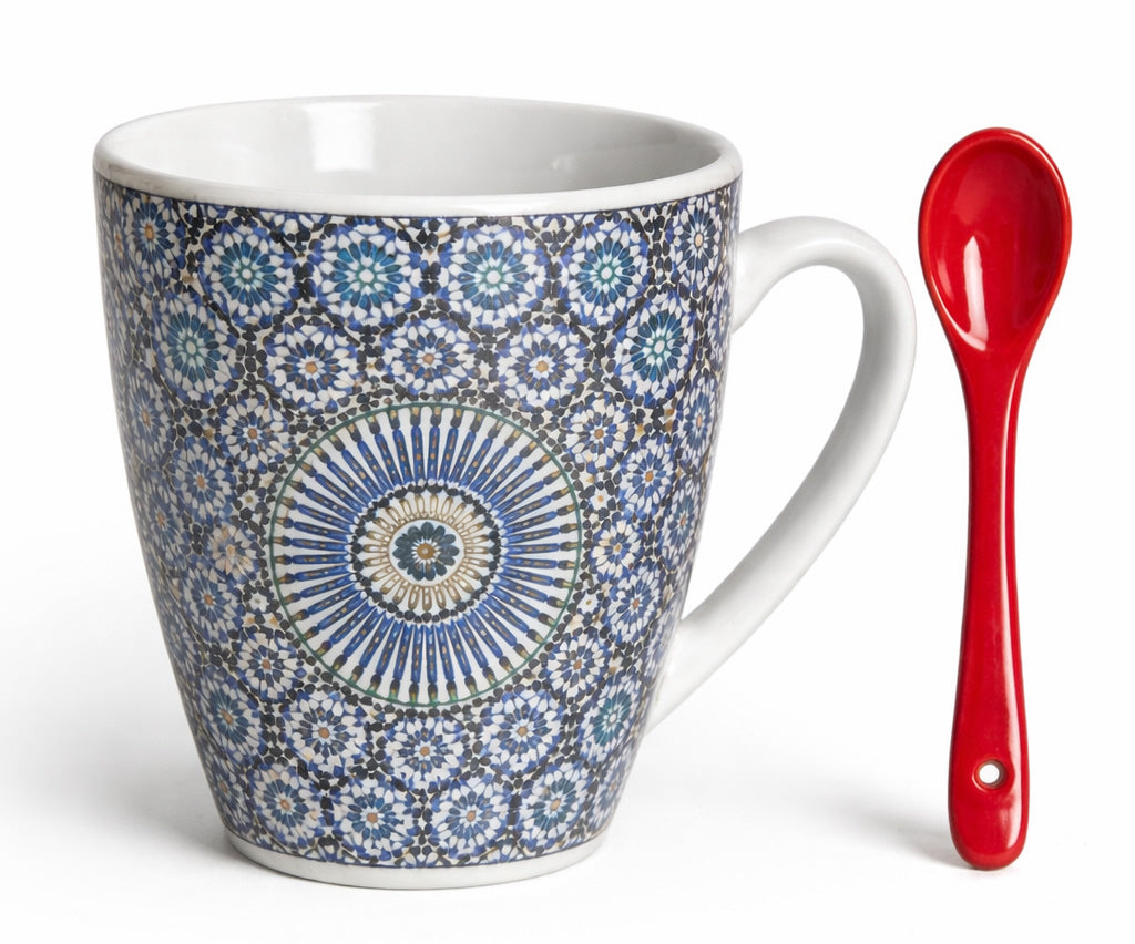 Mug Marocain avec Mosaïque Zellij & Cuillère – Céramique – Bleu/Blanc