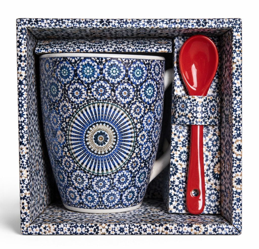 Mug Marocain avec Mosaïque Zellij & Cuillère – Céramique – Bleu/Blanc