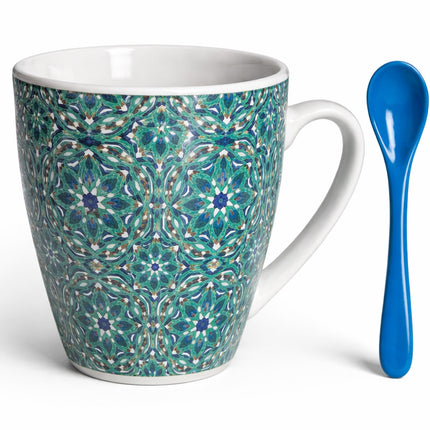 Marokkaanse Mok met Zellij Mozaïek & Lepel – Keramisch – Groen/Blauw – 12 oz (±350 ml)