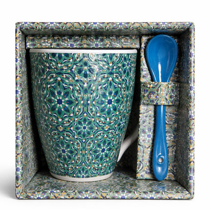 Marokkaanse Mok met Zellij Mozaïek & Lepel – Keramisch – Groen/Blauw – 12 oz (±350 ml)