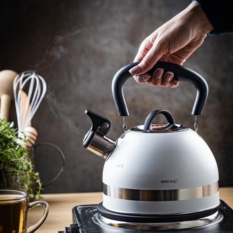 Bouilloire sifflante en inox KingHoff 1,8 L Blanc – Compacte, avec sifflet et poignée ergonomique